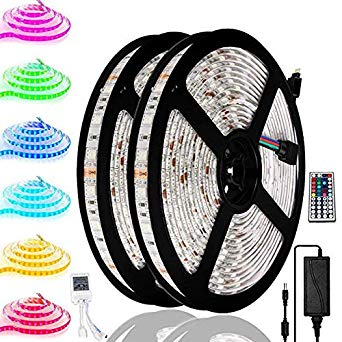 Waterproof LED Strip Lights, IWISHLIGHT 32.8ft/10m RGB 600LEDs Color Changing 5050 Multicolored LED Lights Kit with 44key IR Remote Controller 12V 5A Power Adapter for Ceiling Bar Counter Cabinet