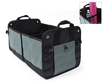 Car Trunk Cargo Organizer for SUV, Vans, Cars and Trucks with 12 Pockets and 2 Elastic Straps Collapses for Convenience - Stylish, Durable and (Black/Grey)