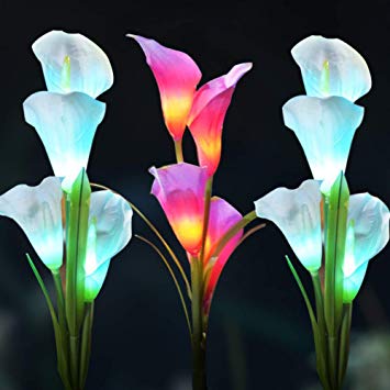 WOSPORTS 3 Pack Solar Lights Outdoor Garden Stake Flower Lights with Total 12 Lily Flower, Multi Color Changing LED Lily Solar Powered Lights for Patio, Lawn, Garden, Yard Decoration