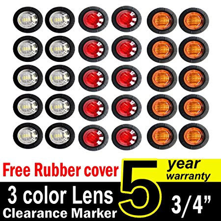 30 Pcs TMH 3/4" Inch Surface Mount 10 pcs Amber   10 pcs Red   10 pcs White LED Clearance Markers Bullet Marker lights, side marker lights, led marker lights, led trailer marker lights