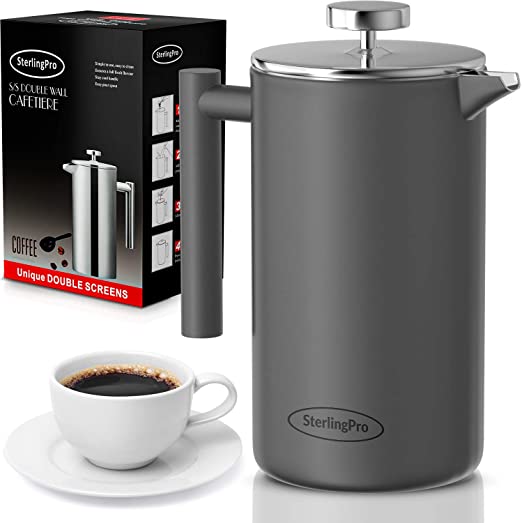 SterlingPro French Press Coffee Maker-Double Walled Large Coffee Press with 2 Free Filters- Granule-Free Coffee, Stylish Rust Free Kitchen Accessory-Stainless Steel French Press (1.5L, Grey)