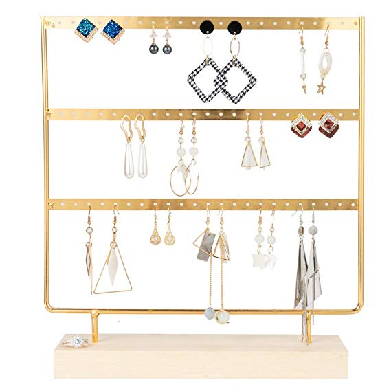 DHMK 69 Holes Earring Holder Jewelry Organizer, 3 Layers Metal Jewelry Display Stand Rack with Wood Base for Women Girls Gift Ear Stud Holders