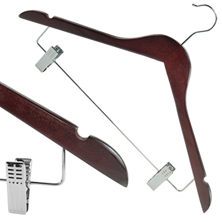Hangerworld 45cm Mahogany Wooden Clothes Hangers with Trouser/Skirt Clips, Pack of 10