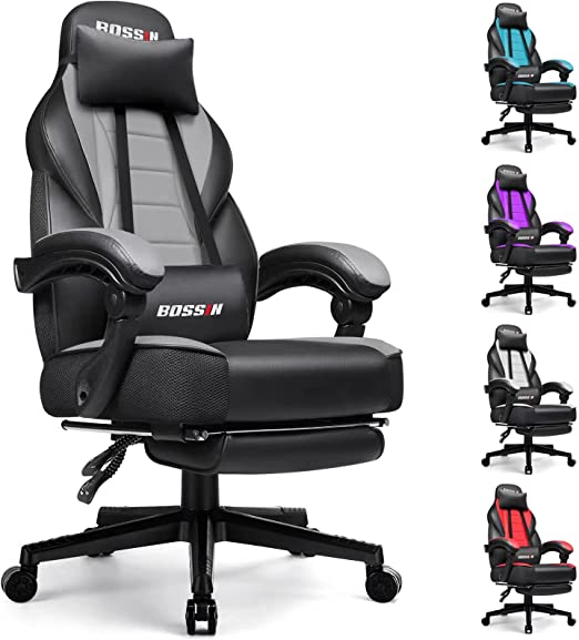 Gaming Chair with Footrest, Adjustable Reclining Office Chair, Ergonomic Swivel Office Chair, High Back Heavy Duty PU Leather Recliner Sport Racing Chair (Black)