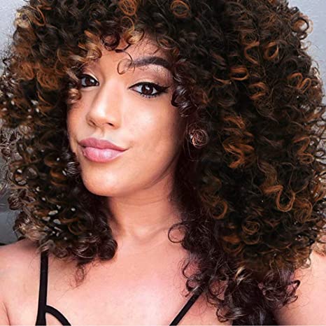 Lativ Curly Afro Wig with Bangs Short Wigs Curly Dark Brown Wig Afro Kinkys Wig Shoulder Length Synthetic Hair African Wigs Curly Full Wigs for Black Women for Daily Use with Wig Cap
