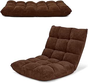 COSTWAY Adjustable Floor Chair, Video Gaming Chairs with Back Support, Alloy Steel Frame, Soft Coral Fleece, Lazy Sofa Lounge for Reading Living Room Recliner for Adults Kids, Brown