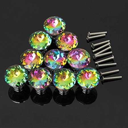 HOSL 10pcs Colorful Crystal Glass Cupboard Wardrobe Cabinet Drawer Knob Door Pull Handle