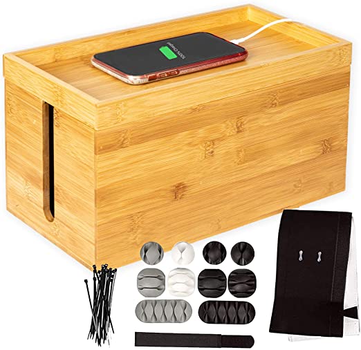 Bamboo Cable Management Box, Large - Cord Organizer and Hider for Wires, Power Strips, Surge Protectors & More - Includes Cable Sleeve, Hook and Loop Keepers, Zip Ties & Clips