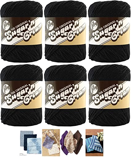 Bulk Buy: Lily Sugar'n Cream Yarn 100% Cotton Solids and Ombres (6-Pack) Medium #4 Worsted Plus 4 Lily Patterns (Black 00002)