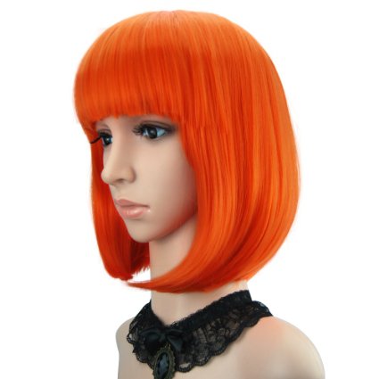 eNilecor Straight Short Bob Wigs 14" with Flat Bangs Cosplay Hair Wig for Women Natural As Real Hair (Orange)