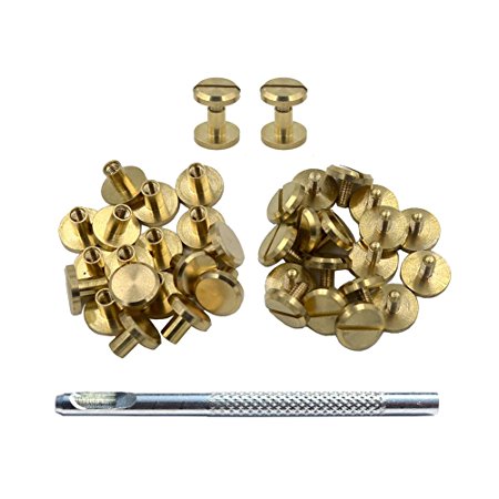 CrazyEve Brass Leather Binding Stud Belt Strap Bag Screws Binder Nail Rivet 20 Sets With Install Hole Punch (10mmx4mm)