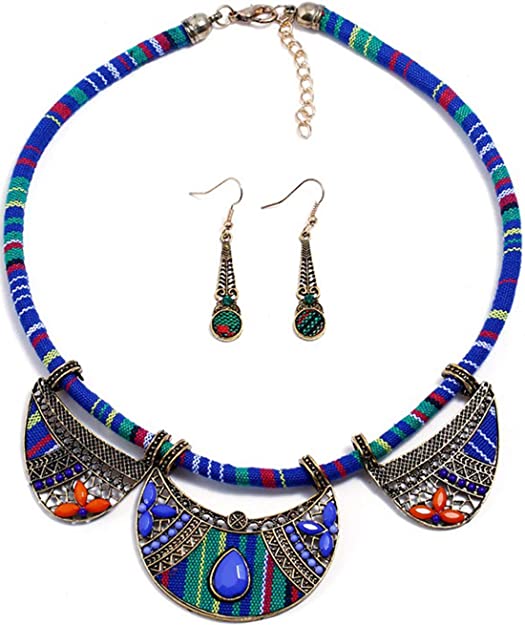 Shenbolen African Pendant Tribal Bib Necklace Earring Jewelry Set