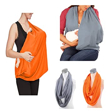 2 Pack Nursing Cover Breastfeeding Cover Breast Feeding Cover ups Infinity Scarf, JTSN Lightweight Soft Breathable Udder Cover Light car-seat Stroller Canopy mom Baby Essentials (Light Gray Orange)