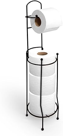 Inspired Living Toilet Paper Holder Durable Free Standing Luxury Toilet Tissue Roll Storage Rack for Bathroom, Reserve Holds 3 Mega Rolls, Silver