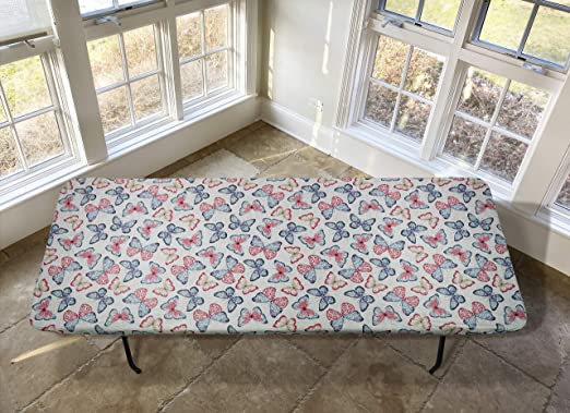 Covers For The Home Deluxe Elastic Edged Flannel Backed Vinyl Fitted Table Cover - Butterfly Pattern - Banquet - 6' x 30"