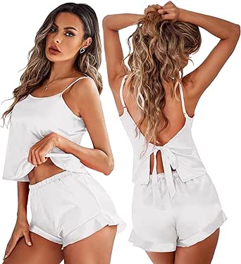 Ekouaer Womens Pajamas Set 2 Piece Satin Sleepwear Lingerie Soft Silk Pjs Cami Top and Shorts Sleep Camisole Nightwear