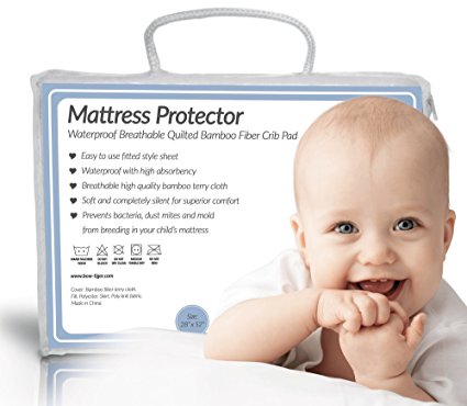 Soft Waterproof Fitted Quilted Crib & Toddler Mattress Protector Silent Pad Cover From Bamboo by Bow-Tiger