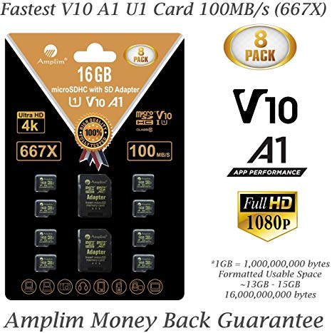 8-Pack Bulk 16GB Micro SDHC Memory Card Plus Adapter – Amplim 16 GB Class 10 Micro SD Card V10 A1. Extreme High Speed 100MB/s 667X microSDHC TF Card. Cell-Phones Tablets Fire Cameras Nintendo Drones