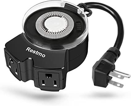 RESTMO Outdoor Timer Waterproof, 24-Hour Plug-In Mechanical Timer with Dual Wide-Spaced Outlets, Compact Mini Design, Heavy Duty, Programmable, Great for Holiday Light, Pool Pump, Fountain, ETL Listed