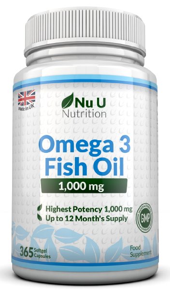 Omega 3 Fish Oil 1000mg 365 Softgels by Nu U Nutrition (1 Year Supply)