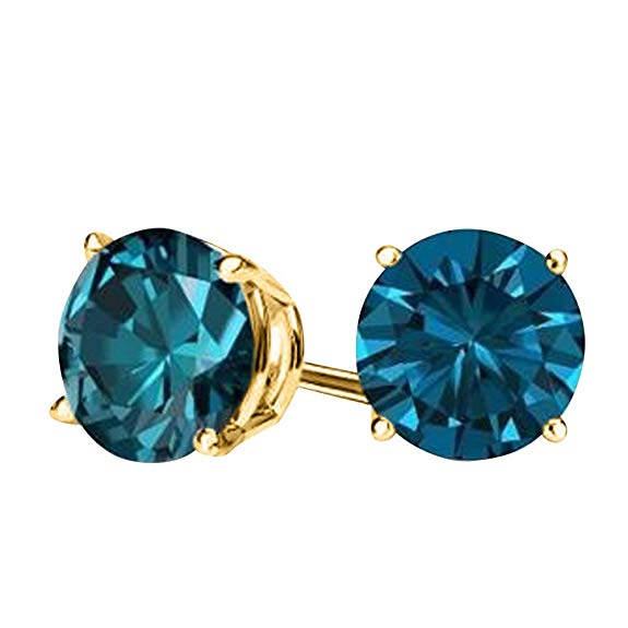 2.00CTW Genuine London Blue Topaz Stud Earrings in 14K Yellow Gold