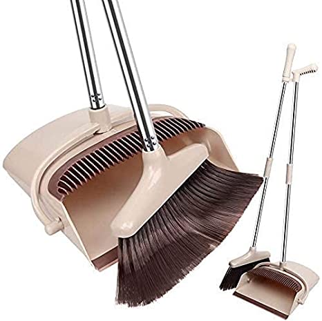 Keurig Fiber and Steel Long Handle Rotatable Self Cleaning Broom and Dust Pan with Long Handle Standing Upright Grips Sweep Set with Lobby Broom Combo Set Brushed Silver (Brown)