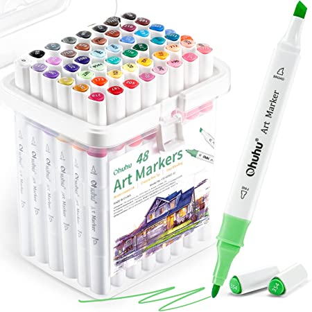 Ohuhu Markers, 48-color Marker Set for Architectural Design, Double Tipped Alcohol Markers, Chisel & Fine Alcohol-based Art Marker for Artists, Architects, Great Value Pack for Students' Art Class