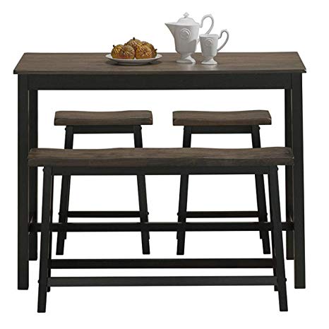 COSTWAY 4-Piece Solid Wood Dining Table Set, Counter Height Dining Furniture with One Bench and Two Saddle Stools, Industrial Style with Foot Pads, Ideal for Home, Kitchen, Living Room (Gray & Brown)