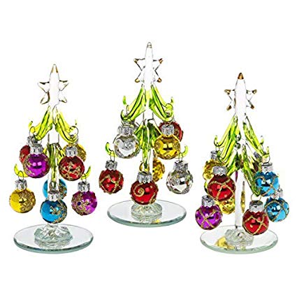 Beautiful, small, glass Christmas Tree, decorated with coloured, glittered baubles. An ideal, fun, Christmas gift, or decoration for the home or desk top (1230B).