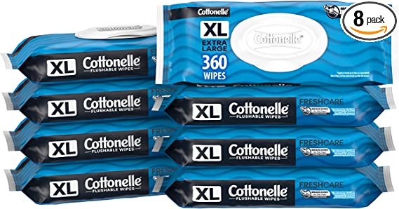 Cottonelle XL Flushable Wet Wipes, Adult Wipes Large, 8 Flip-Top Packs, 45 Wipes per Pack, Packaging May Vary