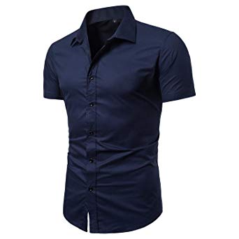 LOCALMODE Men's Slim Fit Cotton Business Casual Shirt Solid Short Sleeve Button Down Dress Shirts