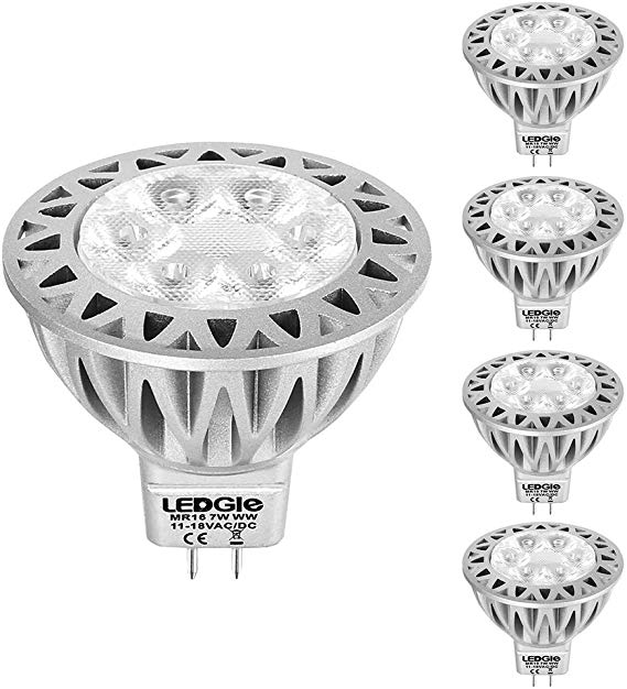 LEDGLE 7W LED Bulbs Set MR16 GU5.3 Spotlight Bulbs, Equal to Normal 60W Light Bulbs, DC 12V, 6 LED Chips, Warm White, 3000K, 580 Lumen, 5 Pcs