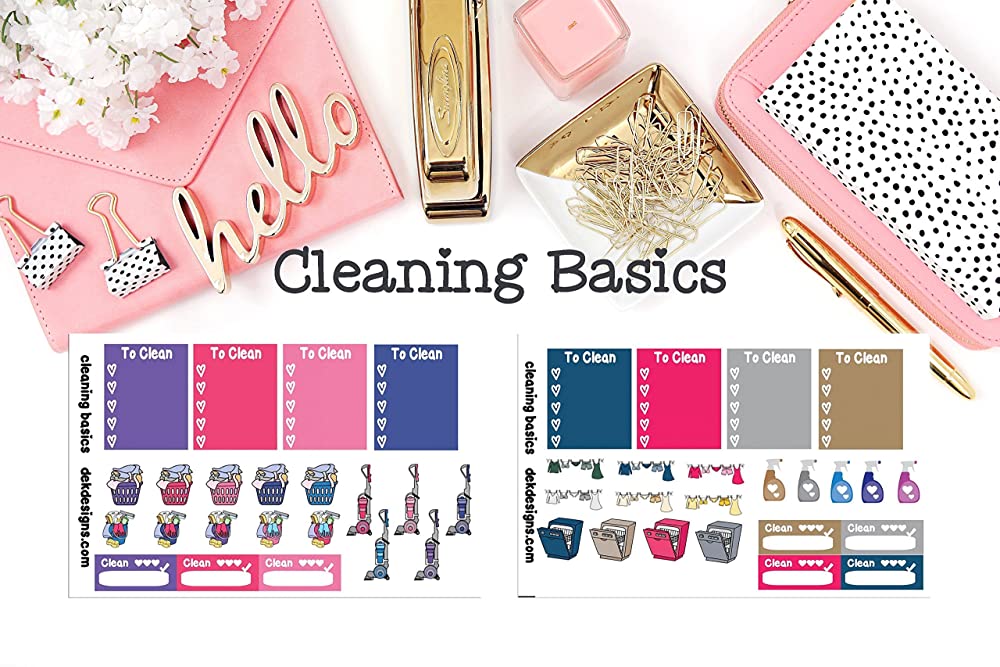 Planner stickers, calendar stickers"Cleaning Basics", sized to fit most planners. Kiss cut on non removable matte sticker paper.