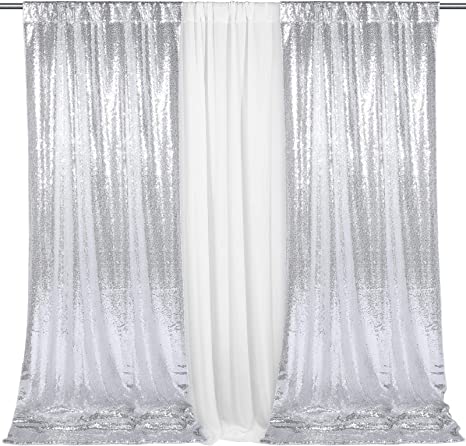 2 Pieces Shiny Sequin Backdrop Curtains Silver Sequin Curtain with White Sheer Curtains for Wedding Party Decoration Photography Background