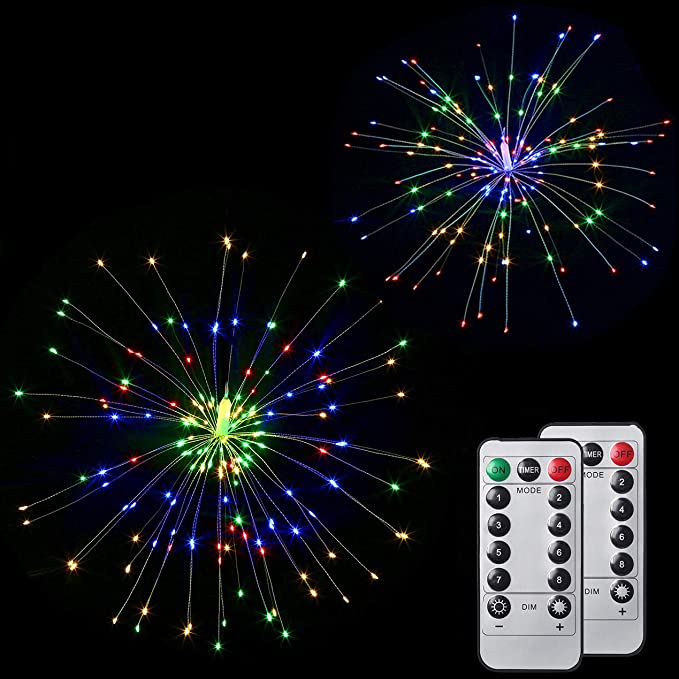 LED Firework Fairy Lights,8 Modes Dimmable Led String Lights with Remote Control,150 LEDs Decorative Hanging Starburst Lights for Parties,Home,Outdoor Decoration (2 Pack, Colored)