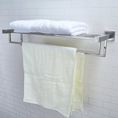 KES Stainless Steel Bath Towel Rack Bathroom Shelf with Double Towel Bar 24-Inch Storage Organizer Contemporary Hotel Square Style Wall Mount Brushed Finish, A21012-2