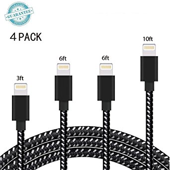 iPhone Cable - 4Pack 3FT 6FT 6FT 10FT, DANTENG Extra Long Charging Cord - Nylon Braided 8 Pin to USB Lightning Charger for iPhone 7,SE,5,5s,6,6s,6 Plus,iPad Air,Mini,iPod(Black White)