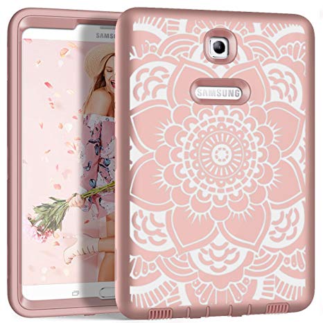 Samsung Galaxy Tab S2 8.0 Case, Hocase Heavy Duty Shock Resistant Silicone Rubber Hard Plastic Hybrid Protective Cover Case for SM-T710/SM-T715/SM-T713 - Rose Gold Mandala Flowers