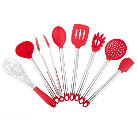 MICHELANGELO 8 Piece Stainless Steel & Silicone Kitchen Utensils Set, 8 Set Silicone Utensil Tools, Essential 8 Piece Kitchen Utensil Kit For Non Stick Cookware, Whisk and Spatula Set, Red