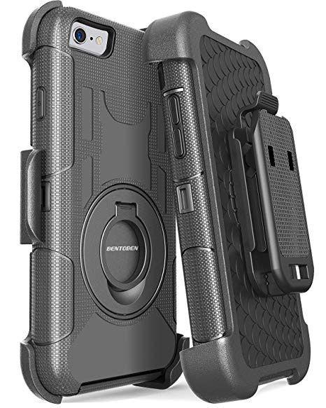 BENTOBEN Case for iPhone 6/6S, 4 in 1 Hybrid Shockproof Heavy Duty Rugged Full Body Protective Cover Built-in Rotating Kickstand Swivel Belt Clip Holster Case for iPhone 6/6S, Black