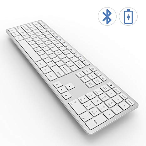 Bluetooth Keyboard, Vive Comb Rechargeable Ultra Slim BT Wireless Keyboard with Number Pad Full Size Design for Laptop Desktop PC Tablet, Windows iOS Android-White