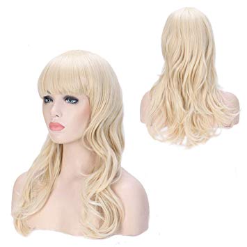 Cosplay Wig Bleach Blonde Long Curly Wave with Bang Full Wigs for Anime Party Women Halloween Costume Dress Synthetic Heat Resistant Fiber (19''/48cm #613)