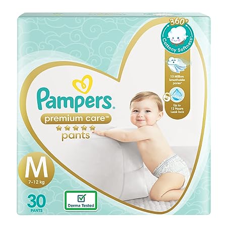Pampers Premium Care Pants, Medium size baby Diapers, (M) 30 Count Softest ever Pampers Pants