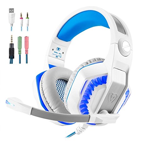 Gaming Headset Surround 3.5mm Stereo Headband Headphone with LED light Volume Control Microphone for Xbox One PS4 Latop PC Mobile Phones (white)