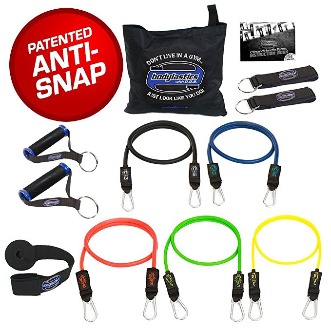 Bodylastics Stackable 12pcs, 14pcs, 19pcs and 31pcs MAX Tension Resistance Bands Sets Include 5, 6, 7 or 12 of Our BEST Quality Anti-Snap Exercise Bands, Heavy Duty Components, a Bag and User Manual.