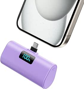 Mini Portable Charger Power Bank for iPhone 15 Series,[2024 Upgraded] 5200mAh PD USB C Battery Pack with LCD Display, Compatible with iPhone 15 Plus/15 Pro/15 Pro Max Android Phone-Purple