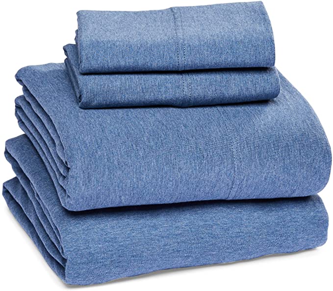 AmazonBasics Heather Cotton Jersey Bed Sheet Set - Queen, Chambray Blue