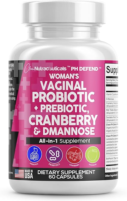 Vaginal Probiotics For Women   Prebiotics 20 Billion Cranberry Pills 30,000mg with D-Mannose 500 mg for Urinary Tract Health & pH Balance - Vitamins for Vaginal Health Supplements Pills - Made in USA