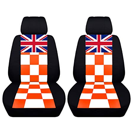 Designcovers 2 Front Checkered Seat Covers with a Union Jack Fits 2001 to 2006 Mini Cooper 20 Color Choices (No Side Airbags, White and Orange)