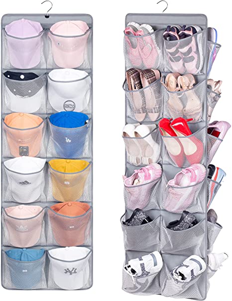 MISSLO 24 Extra Large Pockets Hanging Closet Shoe Organizer and Storage Hat Racks for Baseball Caps Storage Holder with Rotating Hanger, Dual Sided